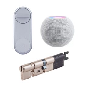 Zestaw inteligentny zamek Yale Linus® Smart Lock srebrny + Apple HomePod biały + regulowana wkładka Linus