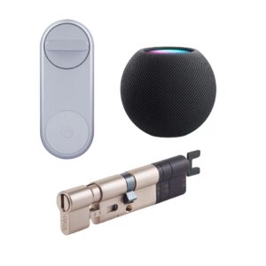 Zestaw inteligentny zamek Yale Linus® Smart Lock srebrny + Apple HomePod czarny + regulowana wkładka Linus