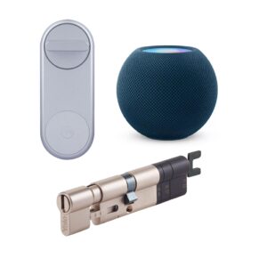 Zestaw inteligentny zamek Yale Linus® Smart Lock srebrny + Apple HomePod niebieski + regulowana wkładka Linus